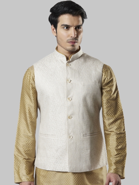 

Ethnix by Raymond Men Off-White Woven Design Linen Nehru Jacket