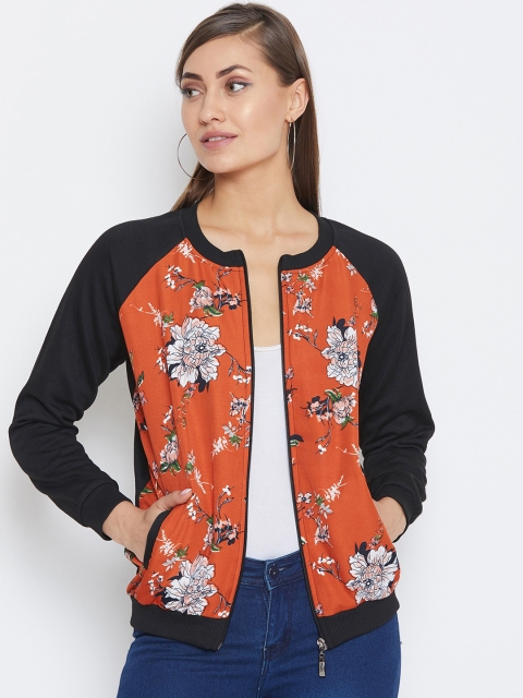 

PURYS Women Black & Rust Orange Printed Bomber Jacket