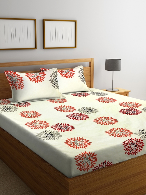 

Home Sizzler Cream-Coloured & Red Floral 180 TC Cotton 1 Queen Bedsheet with 2 Pillow Covers