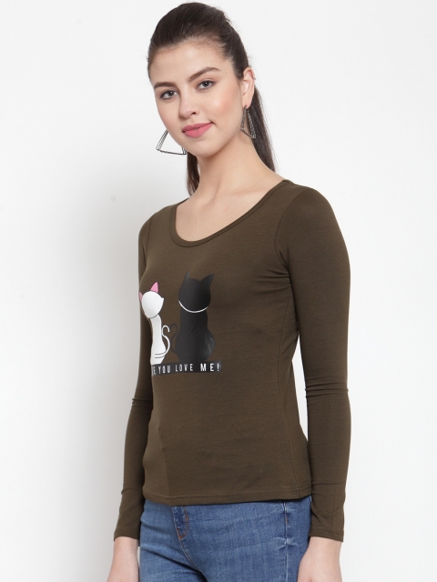 

Everlush Women Olive Green Printed Round Neck T-shirt