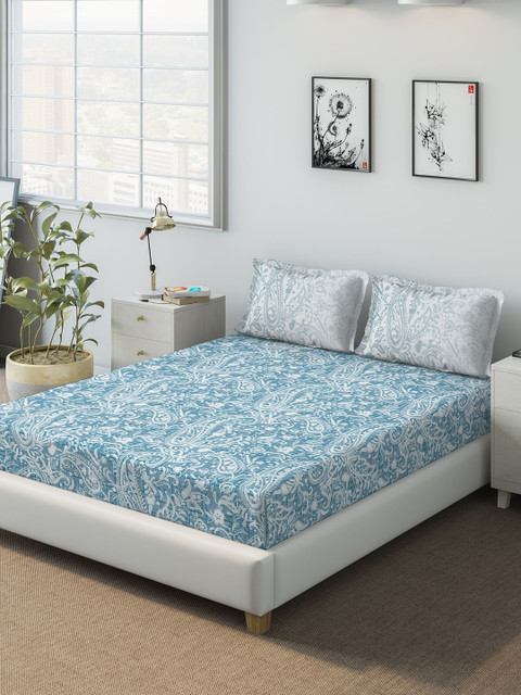 

DDecor Blue & Off-White Ethnic Motifs 140 TC Cotton 1 Queen Bedsheet with 2 Pillow Covers