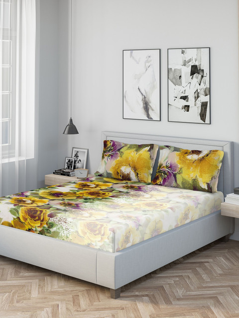 

DDecor Yellow & Off-White Floral 400 TC Cotton 1 King Bedsheet with 2 Pillow Covers