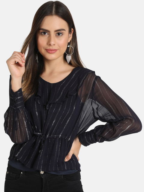 

VividArtsy Women Navy Blue Striped Cinched Waist Top