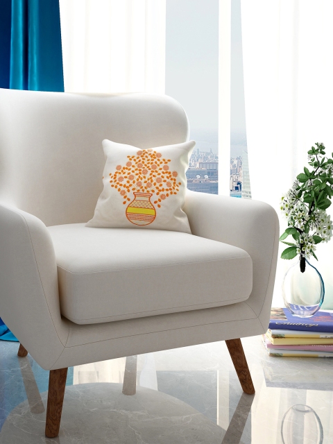 Alina decor Cream-Coloured & Orange Set of Single Floral Square Cushion Covers