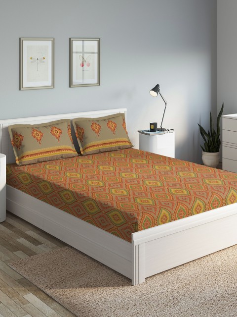 DDecor Red Ethnic Motifs 140 TC Cotton 1 Queen Bedsheet with 2 Pillow Covers
