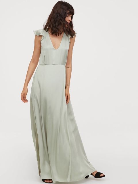

H&M Women Green Solid Long V-neck Dress