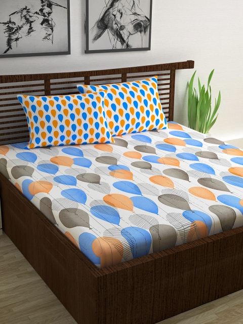 

Divine Casa Off-White & Orange Conversational 144 TC Cotton 1 Queen Bedsheet with 2 Pillow Covers