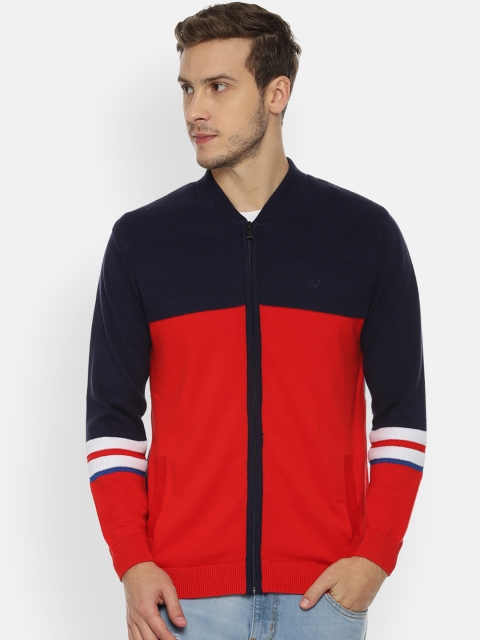 

Allen Solly Men Navy Blue & Red Colourblocked Cardigan Sweater