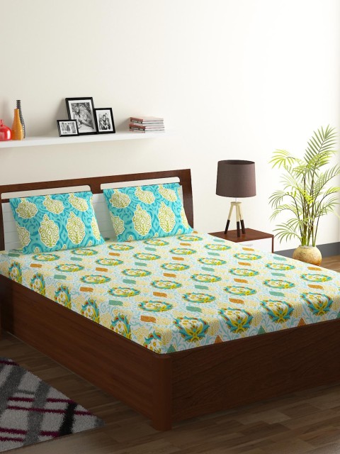 

BOMBAY DYEING Blue Ethnic Motifs 104 TC Cotton 1 Queen Bedsheet with 2 Pillow Covers