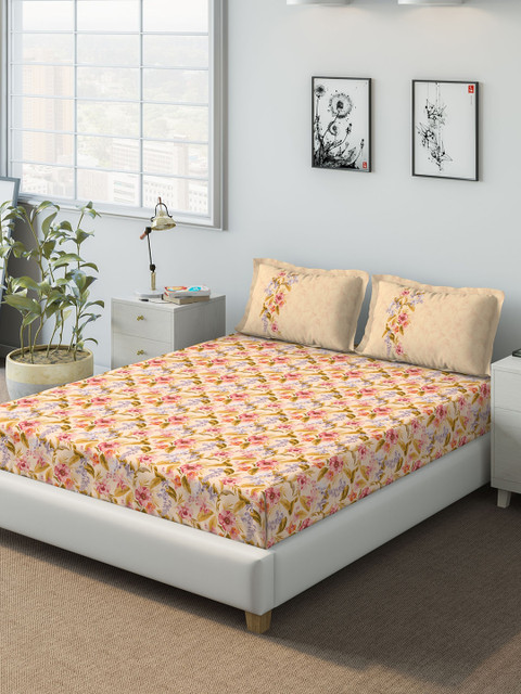 

DDecor Yellow & Pink Floral 140 TC Cotton 1 Queen Bedsheet with 2 Pillow Covers
