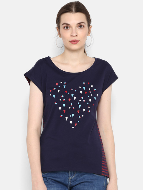 

KVL Women Navy Blue Printed Boat Neck T-shirt