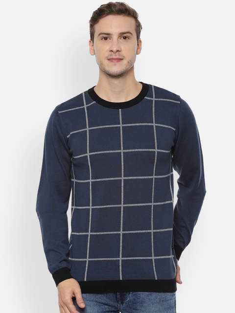 

V Dot Men Navy Blue Checked Sweater