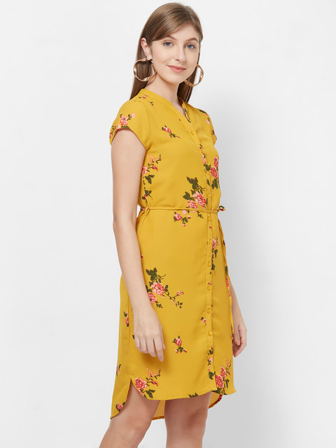 

109F Women Yellow Floral Printed Shirt Dress