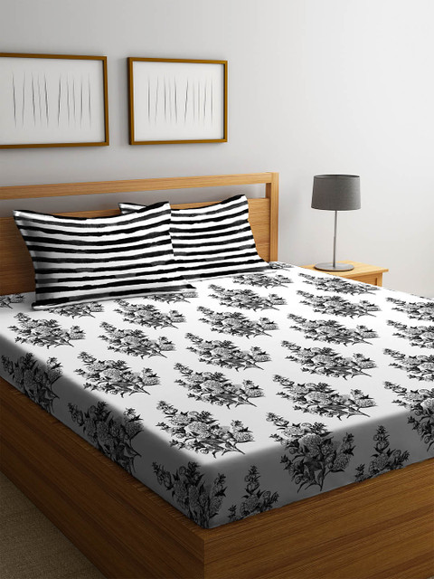 

Portico New York White & Black Floral 210 TC Cotton 1 King Bedsheet with 2 Pillow Covers