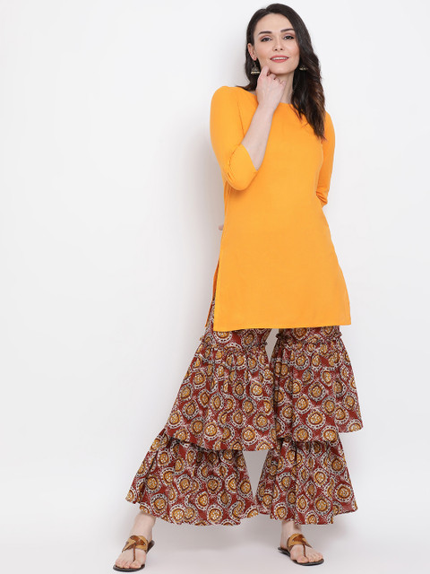

FABNEST Women Yellow & Red Solid Kurta with Sharara