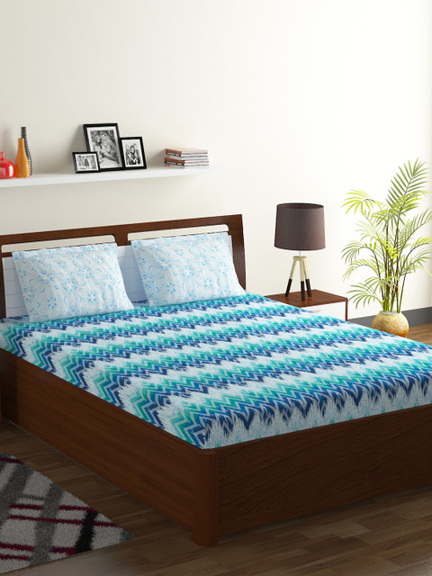 

BOMBAY DYEING Blue Geometric 104 TC Cotton 1 Queen Bedsheet with 2 Pillow Covers