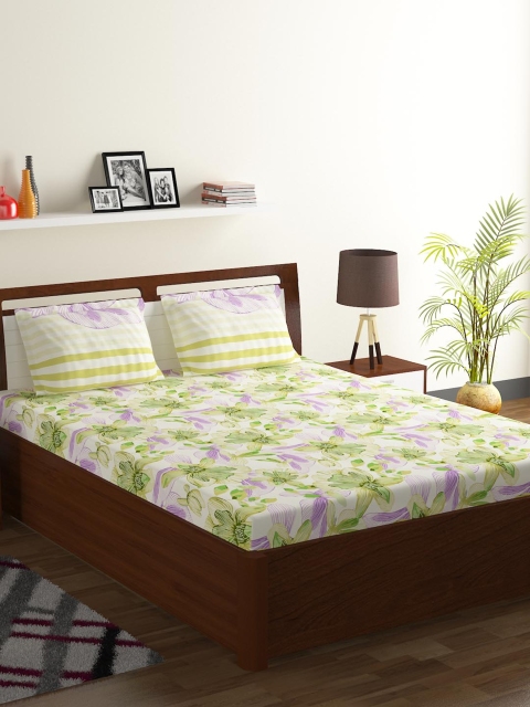 

BOMBAY DYEING Green Floral 104 TC Cotton 1 Queen Bedsheet with 2 Pillow Covers