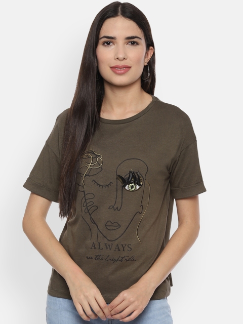 

People Women Olive Green Printed T-Shirt