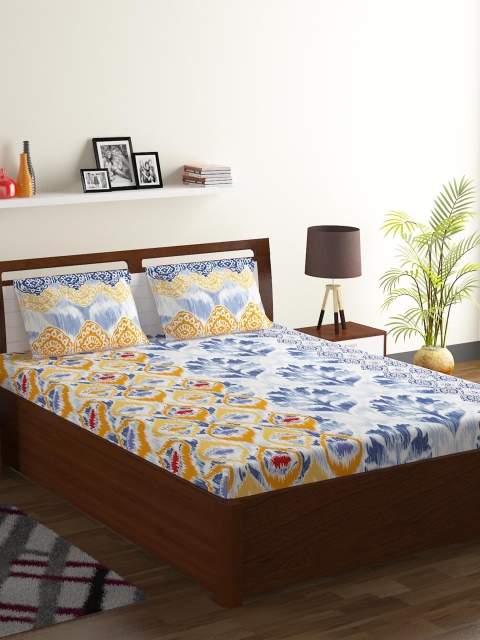 BOMBAY DYEING Yellow & Blue Floral 104 TC Cotton 1 Queen Bedsheet with 2 Pillow Covers