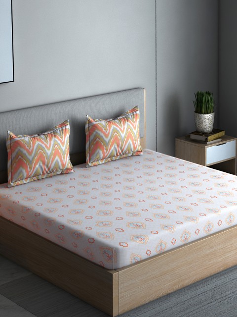 

Boutique Living India Cream-Coloured & Orange Ethnic Motifs 210 TC Cotton 1 Queen Bedsheet with 2 Pillow Covers