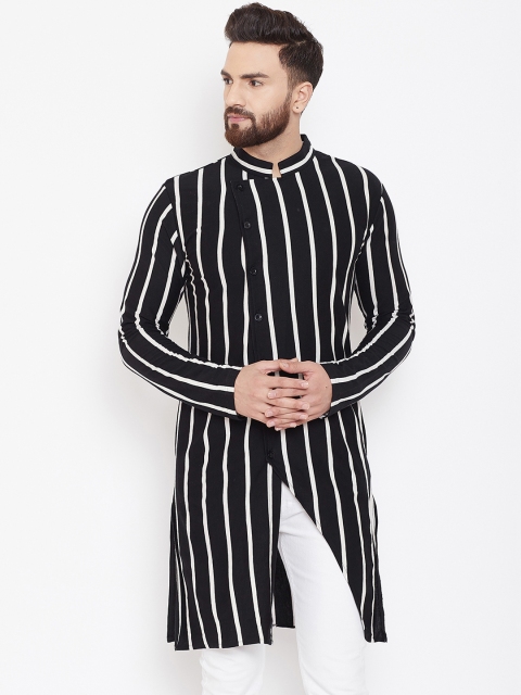 

Hypernation Men Black & Off-White Striped Straight Asymmetric Kurta
