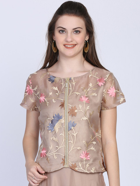 

Ojjasvi Women Brown Embroidered Top
