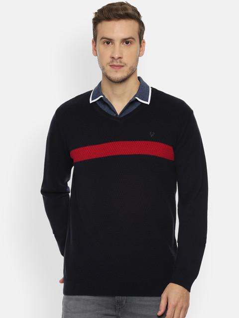 

Allen Solly Men Navy Blue & Red Striped Pullover Sweater