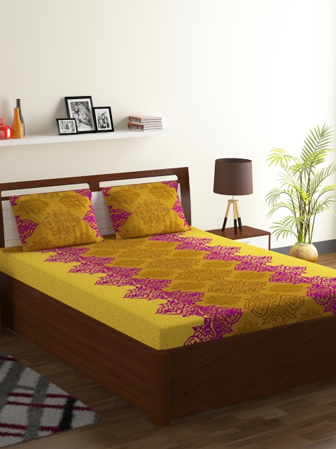 

BOMBAY DYEING Yellow Ethnic Motifs 104 TC Cotton 1 Queen Bedsheet with 2 Pillow Covers