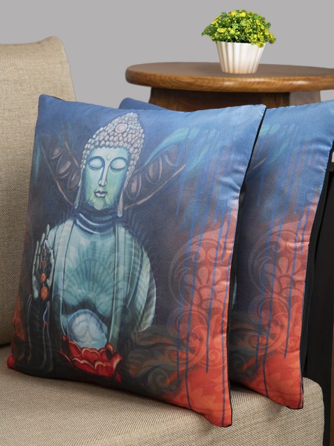 

HOUZZCODE Blue & Red Set of 2 Buddh Square Cushion Covers