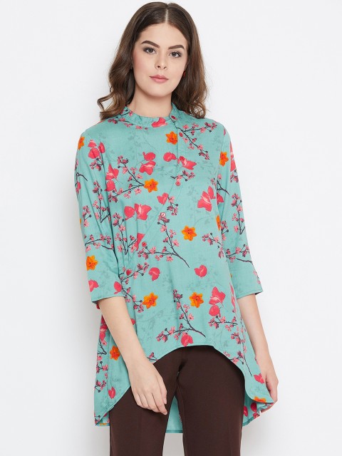 

Ruhaans Women Green and Pink Printed Tunic, Blue