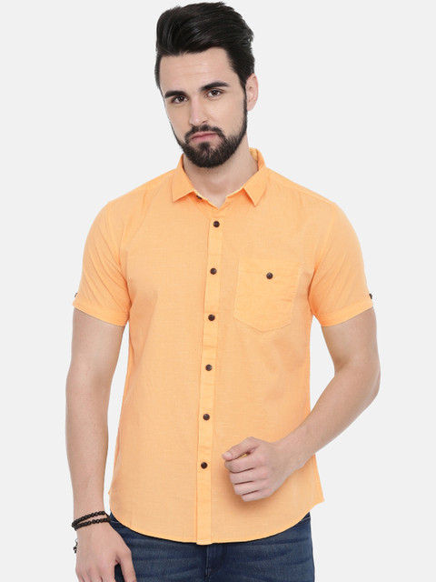 

IMYOUNG Men Orange Slim Fit Solid Cotton Linen Casual Shirt
