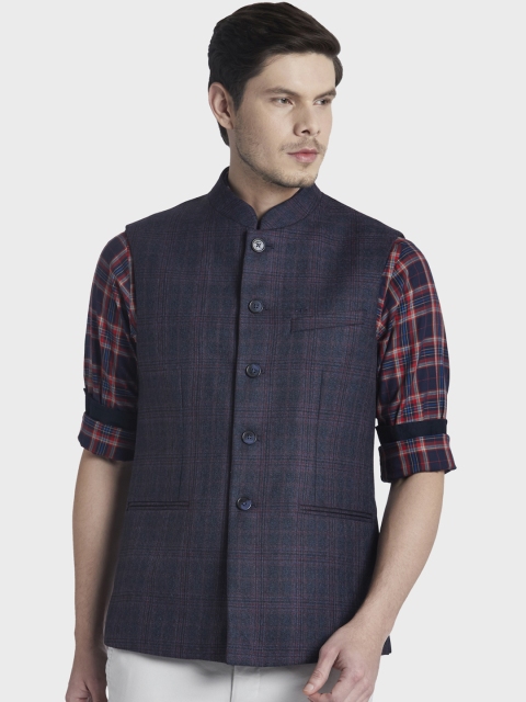 

ColorPlus Men Navy Blue Checked Woven Nehru Jacket