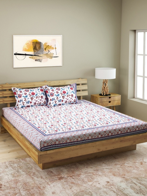 

ROMEE White & Blue Floral 210 TC Cotton 1 King Bedsheet with 2 Pillow Covers