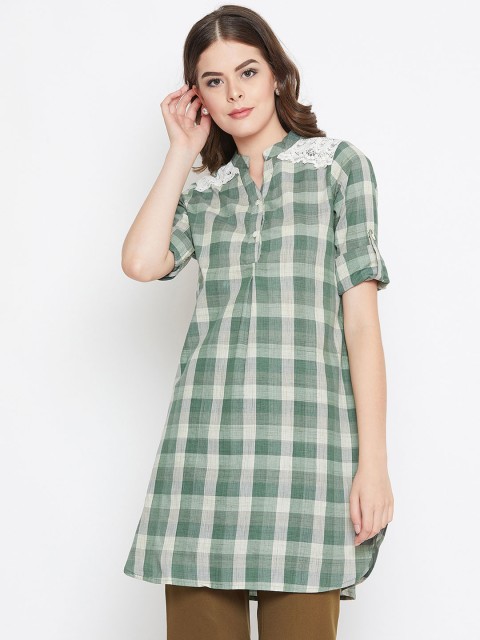 

Ruhaan's Womens Green Checked with Lace on Shoulder Tunic in Cotton