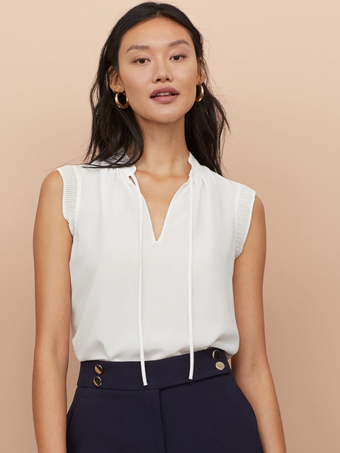 

H&M Women Airy pleated-collar blouse, White