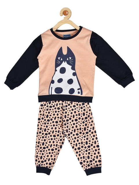

BORN WEAR Girls Peach-Coloured & Navy Blue Printed T-shirt with Pyjamas