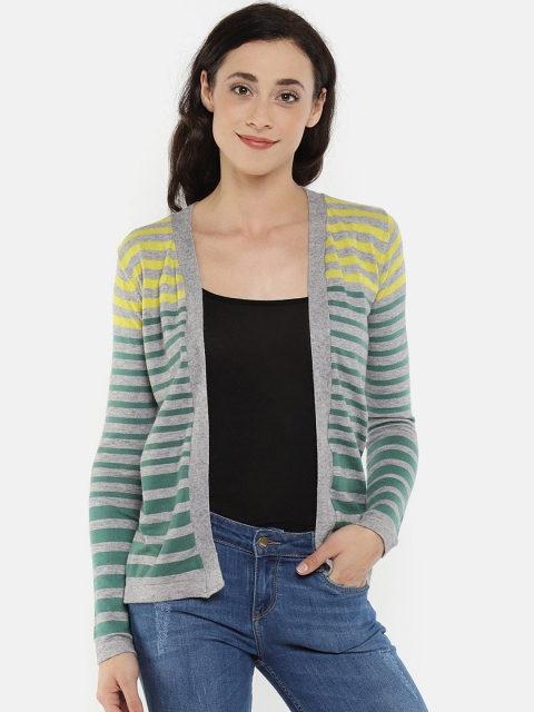 

Manola Women Grey Melange & Green Striped Open Front Sweater