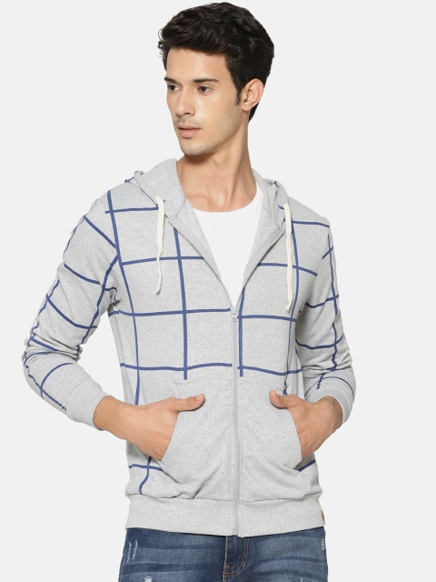 

Campus Sutra Men Grey & Blue Checked Hooded Sweatshirt