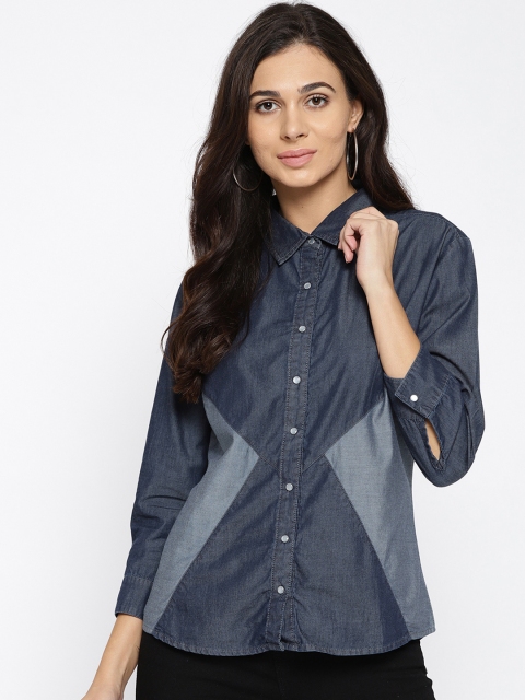 

Xpose Women Blue & Grey Tailored Fit Colourblocked Semiformal Denim Shirt