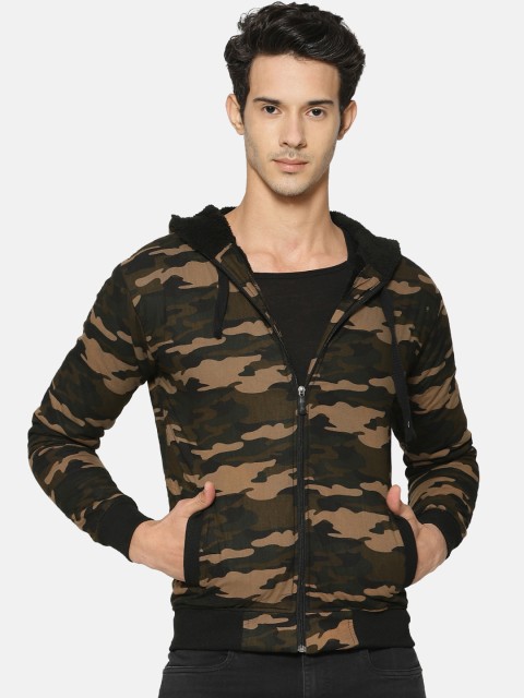

Campus Sutra Men Olive Green Camouflage Printed Hooded Bomber Jacket
