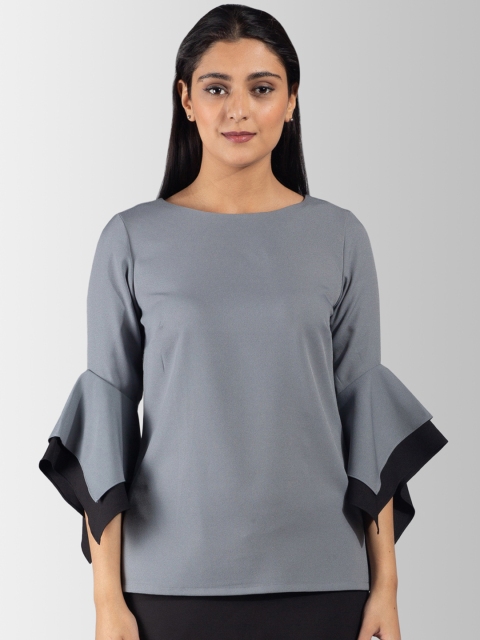

FableStreet Women Grey Solid Bell Sleeve Top
