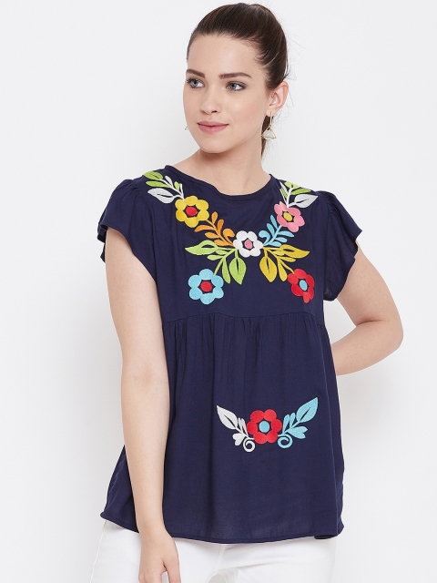 

FIZERA Women Navy Blue Floral Embroidered Empire Top