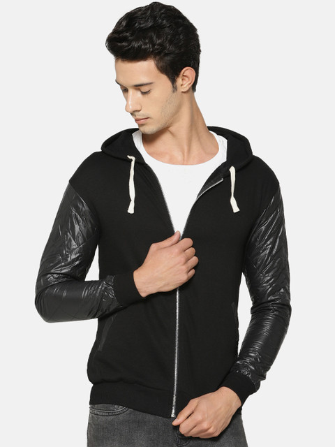

Campus Sutra Men Black Solid QuiltedHooded Sweatshirt