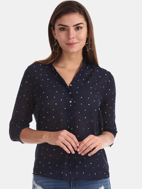

ELLE Women Navy Blue Printed Shirt Style Top