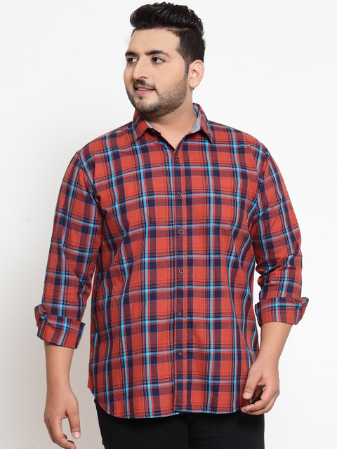 

plusS Men Rust & Blue Regular Fit Checked Casual Shirt