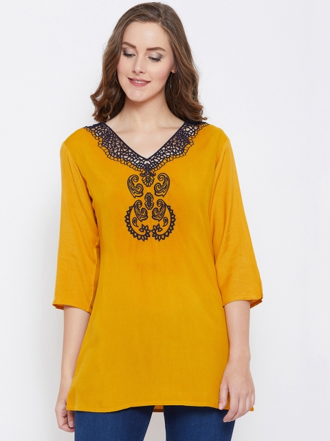 

FIZERA Women Mustard Yellow Emrboidered A-Line Top