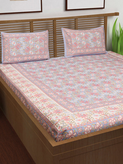 

VarEesha Blue & Pink Ethnic Motifs 180 TC Cotton 1 Bedsheet with 2 Pillow Covers