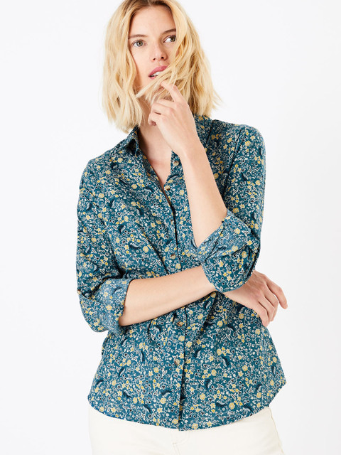 

Marks & Spencer Women Teal Printed Shirt Style Top