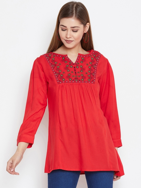 

FIZERA Women Red Self Design A-Line Top