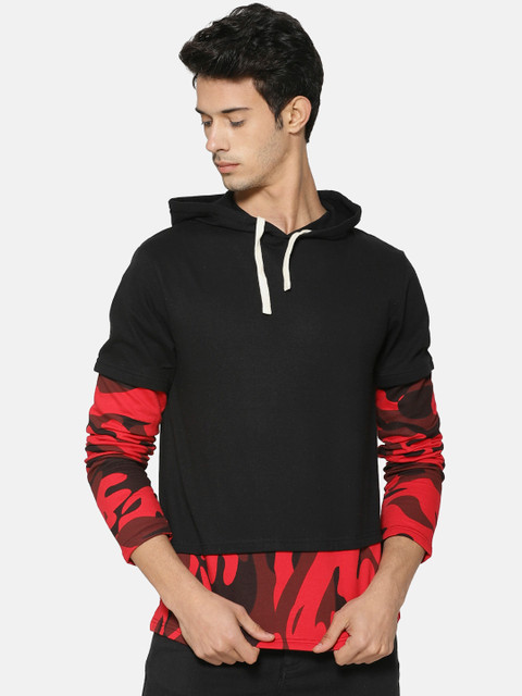 

Campus Sutra Men Black & Red Printed Hooded Sweatshirt